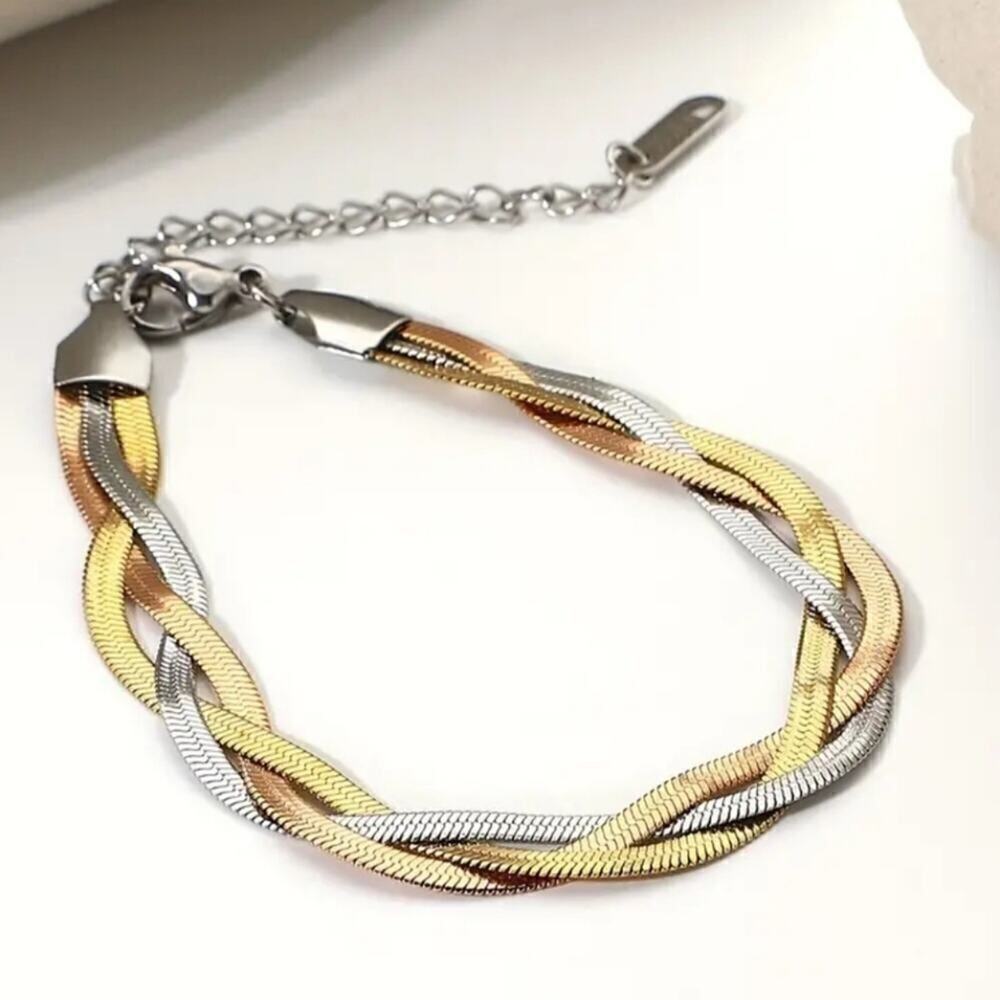 Stainless Steel Necklace Herringbone braided Tri-Colour Flat snake Chain 2 Pcs. - Picture 11 of 15